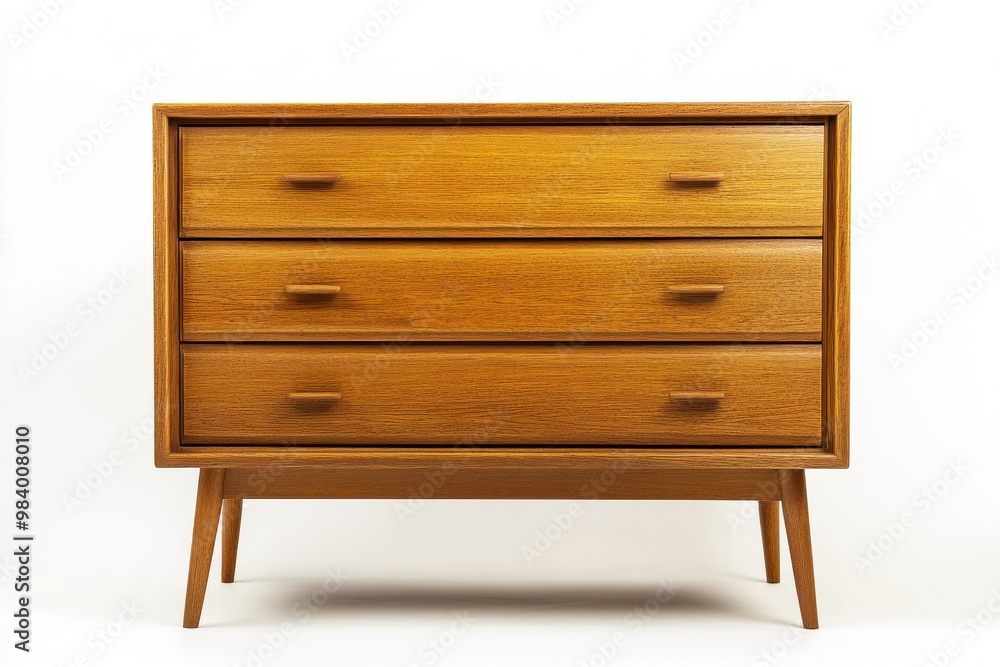 A mid-century modern wooden dresser with four drawers, isolated on a white background. A mid-century modern wooden dresser with four drawers, isolated on a white background.
