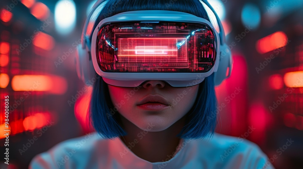 Futuristic Woman Wearing VR Headset with Neon Lights Generative AI Futuristic Woman Wearing VR Headset with Neon Lights Generative AI