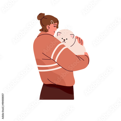 Happy girl loves her cute dog, cuddles. Owner hugs little fluffy puppy. Young woman holds pomeranian spitz in hands, embraces amusing toy pet. Flat isolated vector illustration on white background
