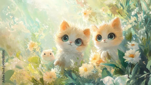 A dreamy, soft-focus wallpaper featuring adorable animals with oversized eyes