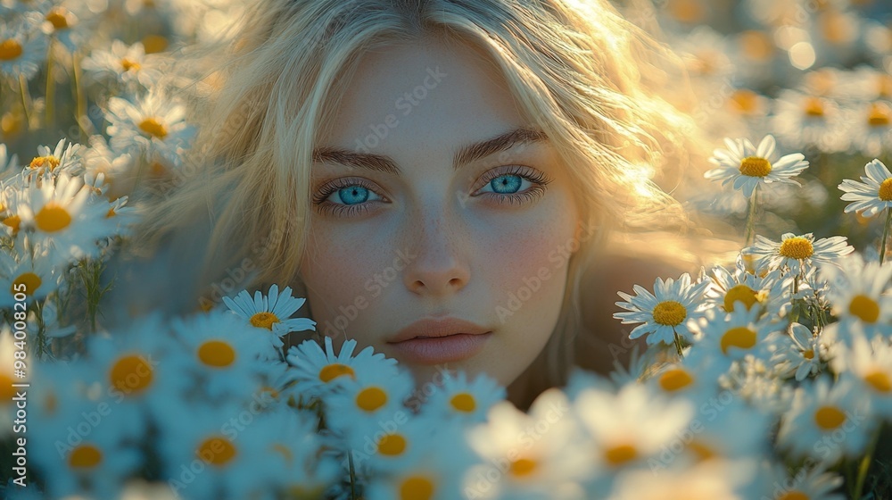 Close-up of a Woman Surrounded by Daisies Generative AI Close-up of a Woman Surrounded by Daisies Generative AI