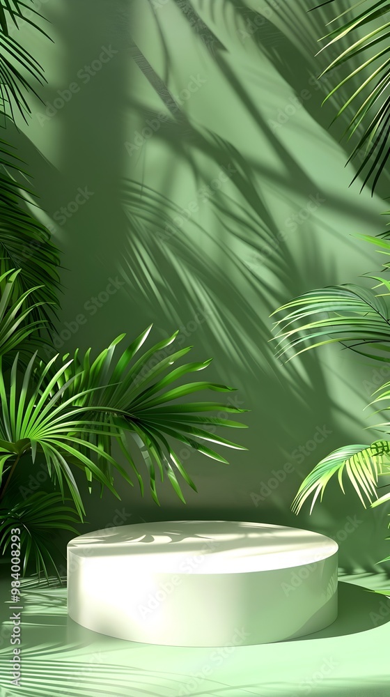 Circular white platform set against a vibrant green backdrop with palm leaves and sunlight shadows. Perfect for nature or mindfulness designs. Circular white platform set against a vibrant green backdrop with palm leaves and sunlight shadows. Perfect for nature or mindfulness designs.
