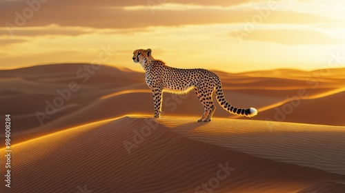 Fototapeta Naklejka Na Ścianę i Meble -  Cheetah standing poised on a sand dune under a bright sky with golden light shining across the desert landscape highlighting its sleek form