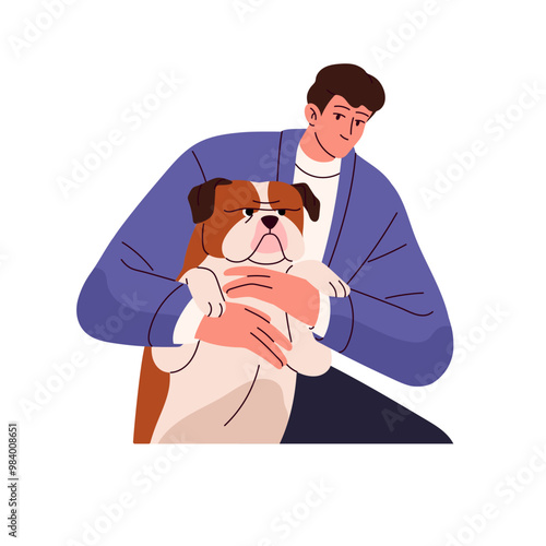 Owner loves his cute dog, holds in hands. Happy young man hugs bulldog. Boy cuddles amusing puppy. Person embraces adorable pet, domestic animal. Flat isolated vector illustration on white background
