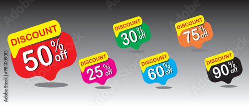 Discount buy now label pop-up banner with different sale percentage. 25, 30, 60, 50, 75, 90 percent off price reduction badge promotion
