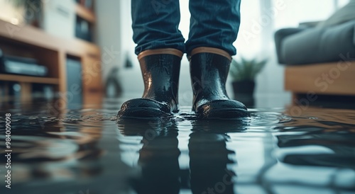 Close-up of a man in rain boots standing on water in a flooded living room at home
