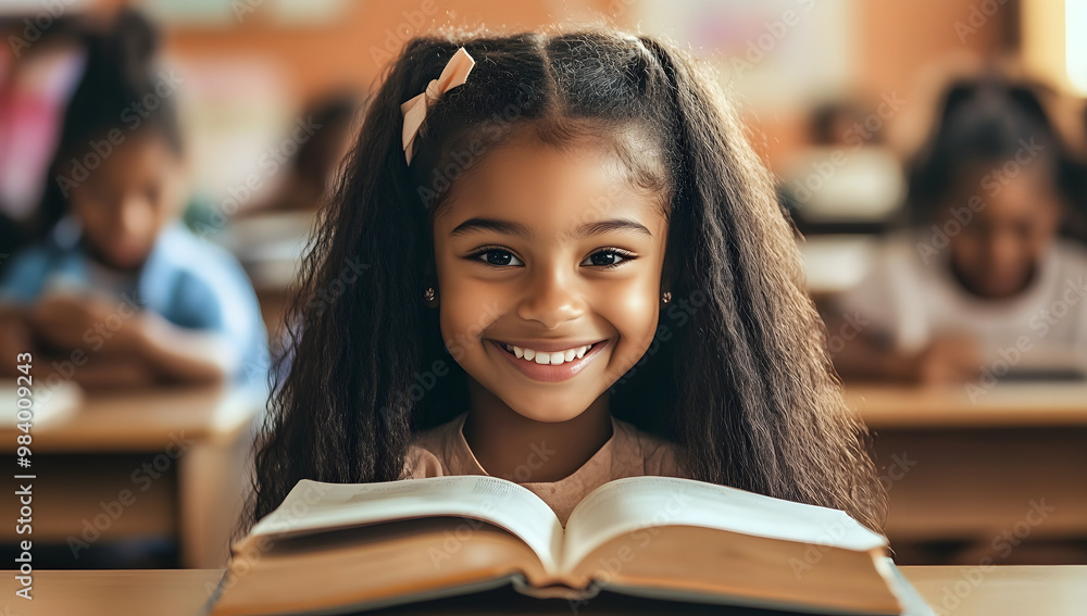 Cute smiling black schoolgirl with book on desk, isolated with white highlights, in classroom, Cute smiling black schoolgirl with book on desk, isolated with white highlights, in classroom,