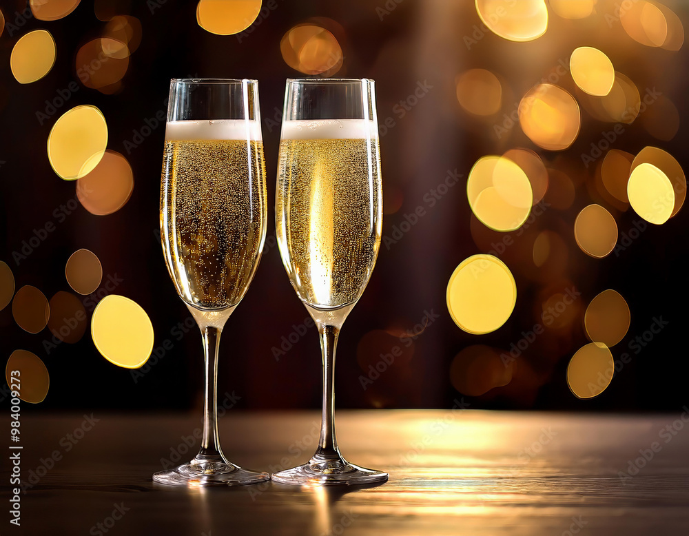 Two champagne glasses sparkling on a wooden table with blurred golden lights creating a festive atmosphere Two champagne glasses sparkling on a wooden table with blurred golden lights creating a festive atmosphere