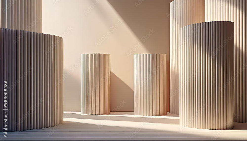 Minimal bright room with sunlight casting shadows over several empty podiums of different sizes Minimal bright room with sunlight casting shadows over several empty podiums of different sizes