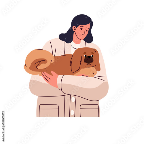 Happy owner holds toy breed doggy in hands. Girl loves her cute pekingese dog. Young woman cuddles, hugs fluffy puppy, embraces little pet. Flat isolated vector illustration on white background