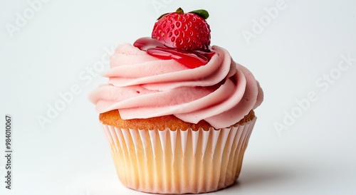 A cupcake with pink cream and strawberry 