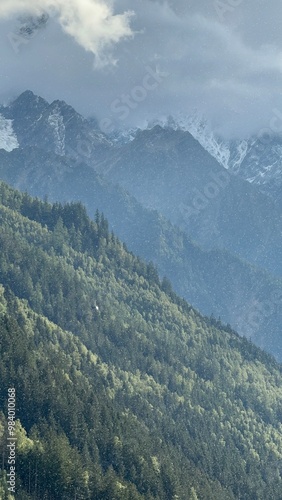 Misty Mountain Forest with Snowfall and Cloud-Covered Peaks