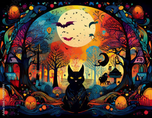 カラフルで空想的なハロウィンのモチーフが散りばめられたに包まれた正面を向いて立つ黒猫の背景イメージ。幾何学模様との融合。