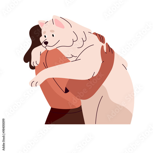 Person loves his Samoyed dog. Owner hugs happy husky. Woman cuddles amusing fluffy puppy. Character embraces cute furry pup, pet, domestic animal. Flat isolated vector illustration on white background