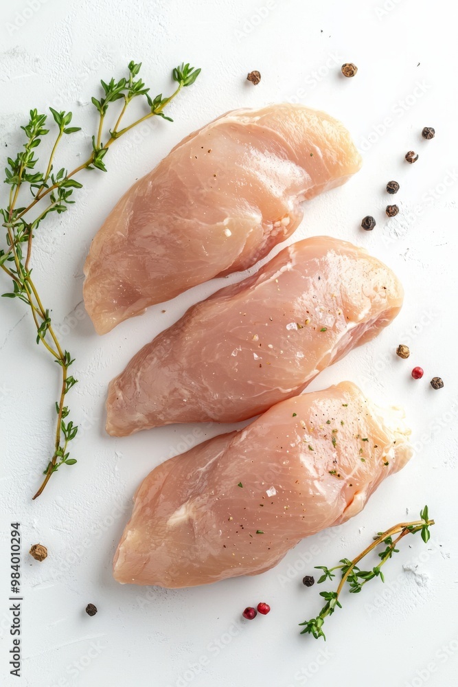 Chicken breast fillets placed on white surface, Chicken breast fillets placed on white surface,