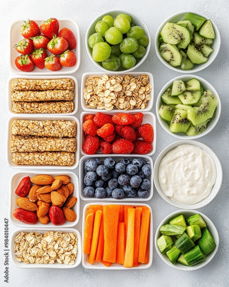 A variety of healthy snacks arranged in bowls, ideal for meal prep or a nutritious spread. A variety of healthy snacks arranged in bowls, ideal for meal prep or a nutritious spread.