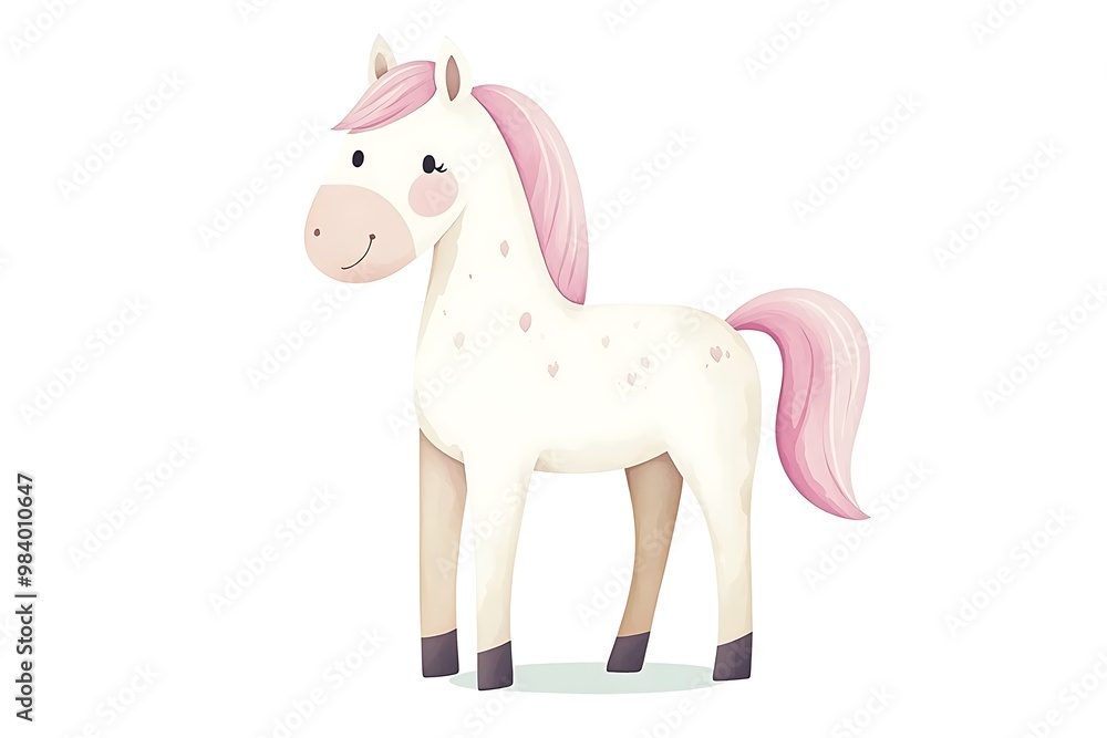 Fototapeta premium Adorable Cartoon White Horse with Pink Mane and Tail.
