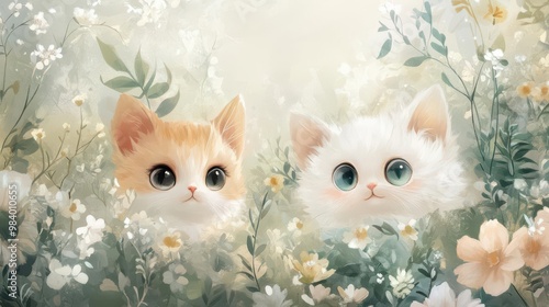 A dreamy, soft-focus wallpaper featuring adorable animals with oversized eyes