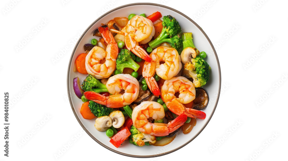 Shrimp stir-fry with vegetables on a white plate, isolated Shrimp stir-fry with vegetables on a white plate, isolated
