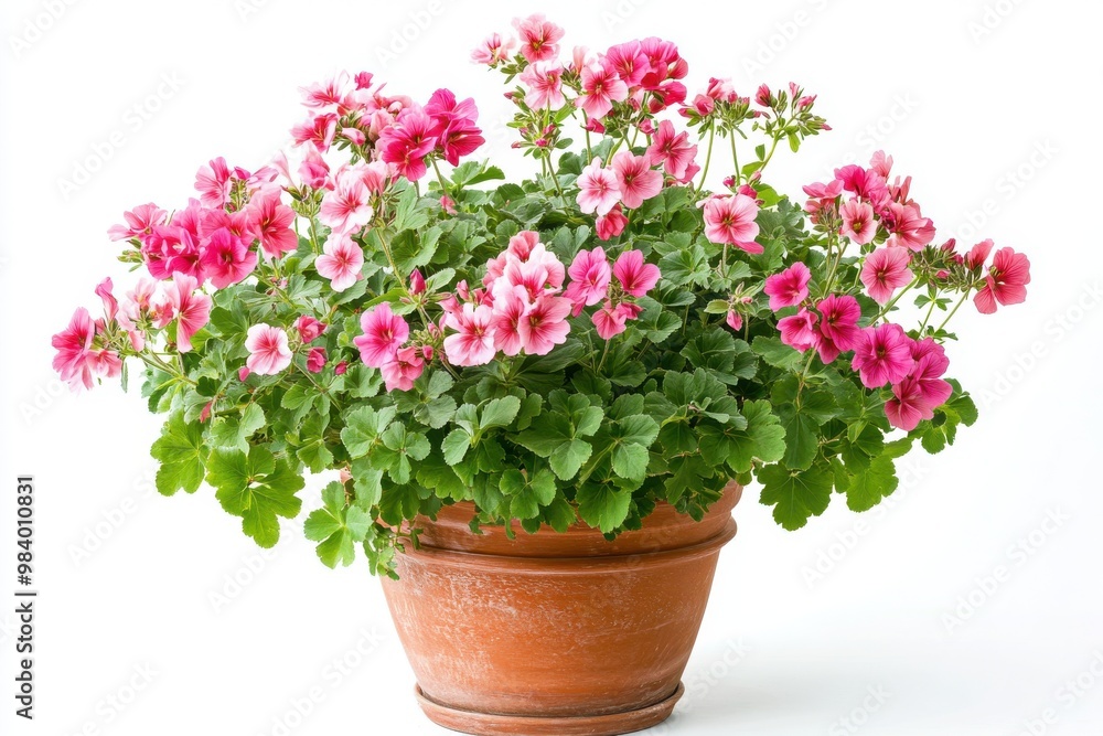 A vibrant potted geranium plant, featuring clusters of pink and red flowers set against lush A vibrant potted geranium plant, featuring clusters of pink and red flowers set against lush