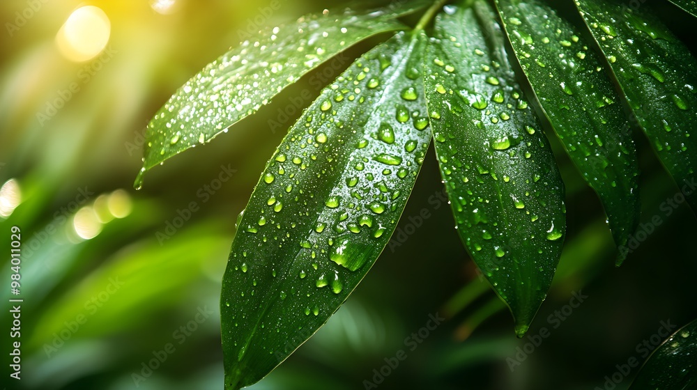 Vibrant tropical leaves in rainforest with dew shining beautifully Vibrant tropical leaves in rainforest with dew shining beautifully