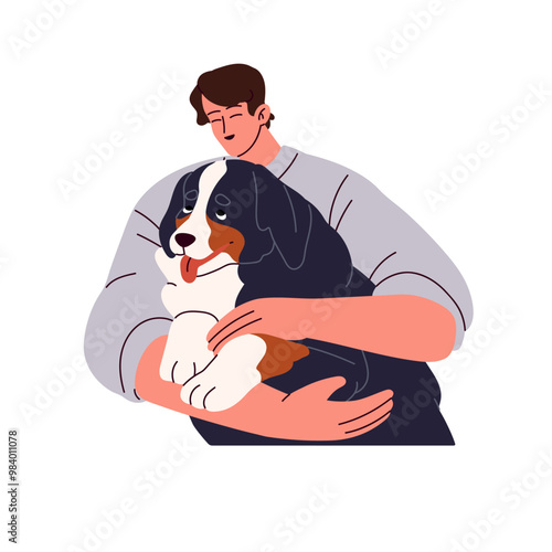 Young man loves his swiss mountain or cattle dog. Happy owner hugs cute Sennenhunds puppy. Boy cuddles fluffy pup. Person embraces amusing pet. Flat isolated vector illustration on white background