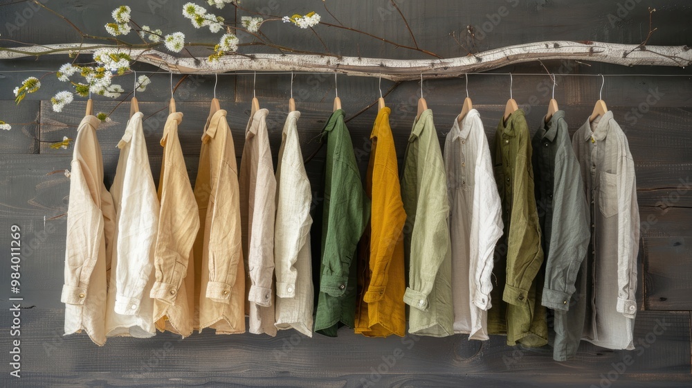 Collection of linen shirts hanging on a rack. Perfect for fashion, clothing, and retail businesses. Collection of linen shirts hanging on a rack. Perfect for fashion, clothing, and retail businesses.