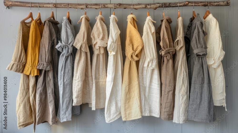 Various linen dresses hanging in a row. These dresses are perfect for showcasing a variety of styles and colors of linen fabrics. Various linen dresses hanging in a row. These dresses are perfect for showcasing a variety of styles and colors of linen fabrics.