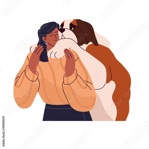 Saint Bernard leans on owner's back. Young woman loves her big fluffy dog. Happy girl cuddles with large puppy. Person hugs, embraces with pet. Flat isolated vector illustration on white background