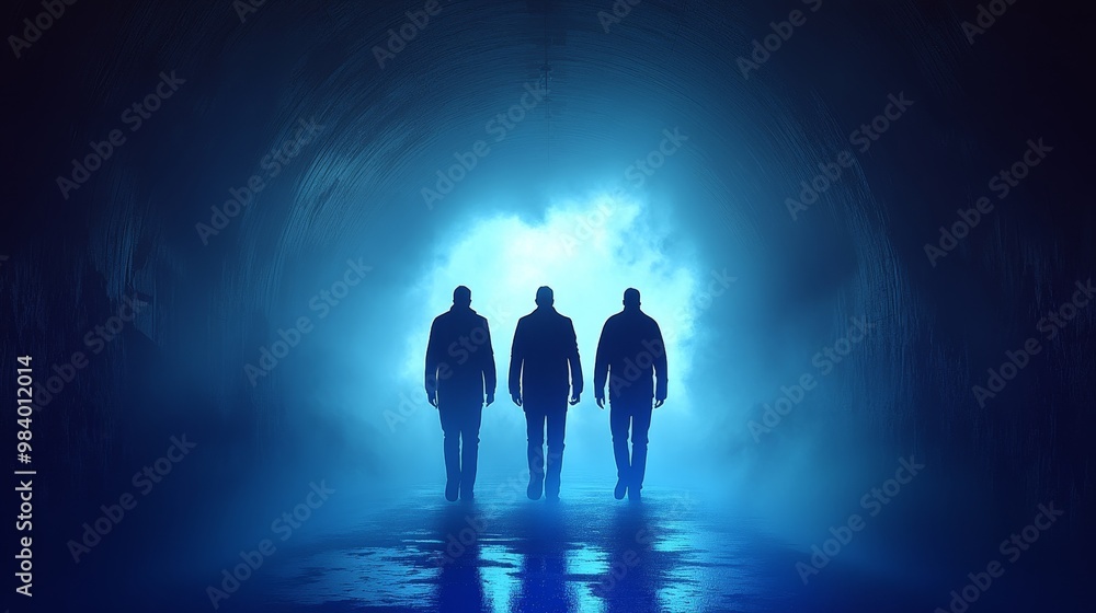 Three silhouettes stand in a dark tunnel, illuminated by bright blue light, creating an aura of mystery and intrigue. Three silhouettes stand in a dark tunnel, illuminated by bright blue light, creating an aura of mystery and intrigue.