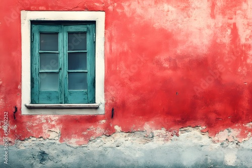 A weathered turquoise window on a vibrant red wall captures rustic charm in daylight. Generative AI