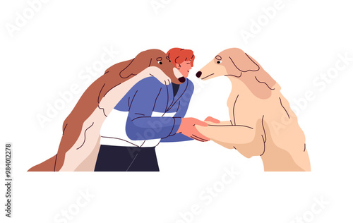 Happy person loves his fluffy Afghan hounds. Owner and cute borzoi dogs hug. Character cuddles with amusing puppies of Sighthound. Funny pets. Flat isolated vector illustration on white background