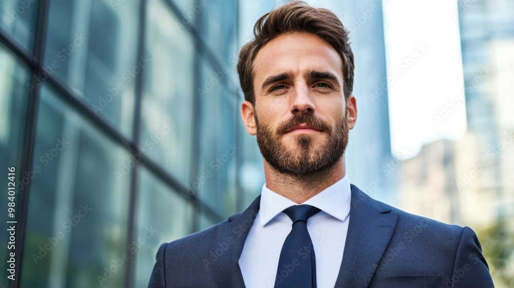 Close-up portrait of a European man in a tailored suit standing confidently outdoors with a modern business center behind him sunlight highlighting the building is glass windows Close-up portrait of a European man in a tailored suit standing confidently outdoors with a modern business center behind him sunlight highlighting the building is glass windows