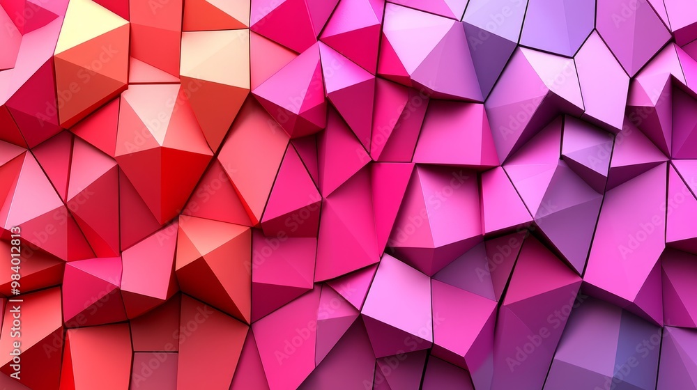 Obraz premium Vibrant geometric background with multicolored triangular shapes creating an abstract textured pattern in shades of pink.