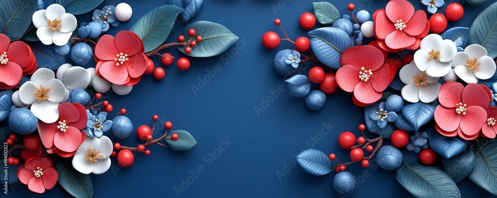 Vibrant floral arrangement with red and white flowers, lush leaves, and berries on a deep blue background, perfect for decorations. Vibrant floral arrangement with red and white flowers, lush leaves, and berries on a deep blue background, perfect for decorations.