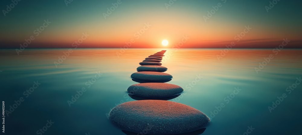 Obraz premium Stones on Water Leading to Sunrise