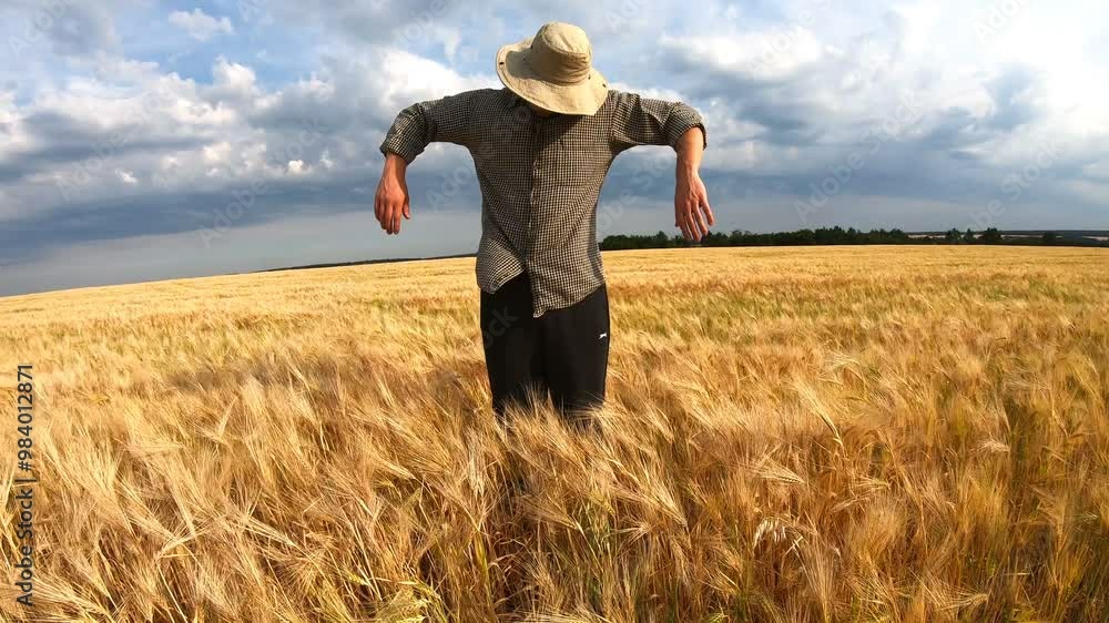 Male agronomist standing at ripe wheat meadow and looking like a scarecrow. Young farmer fooling around and funny scaring somebody at golden barley field. Concept of agricultural business. Crane shot Male agronomist standing at ripe wheat meadow and looking like a scarecrow. Young farmer fooling around and funny scaring somebody at golden barley field. Concept of agricultural business. Crane shot