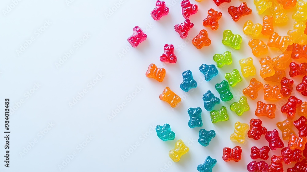 A cheerful spread of jelly bears in rainbow colors scattered over a pristine white surface, offering a playful design with ample white space for text or creative messaging. A cheerful spread of jelly bears in rainbow colors scattered over a pristine white surface, offering a playful design with ample white space for text or creative messaging.