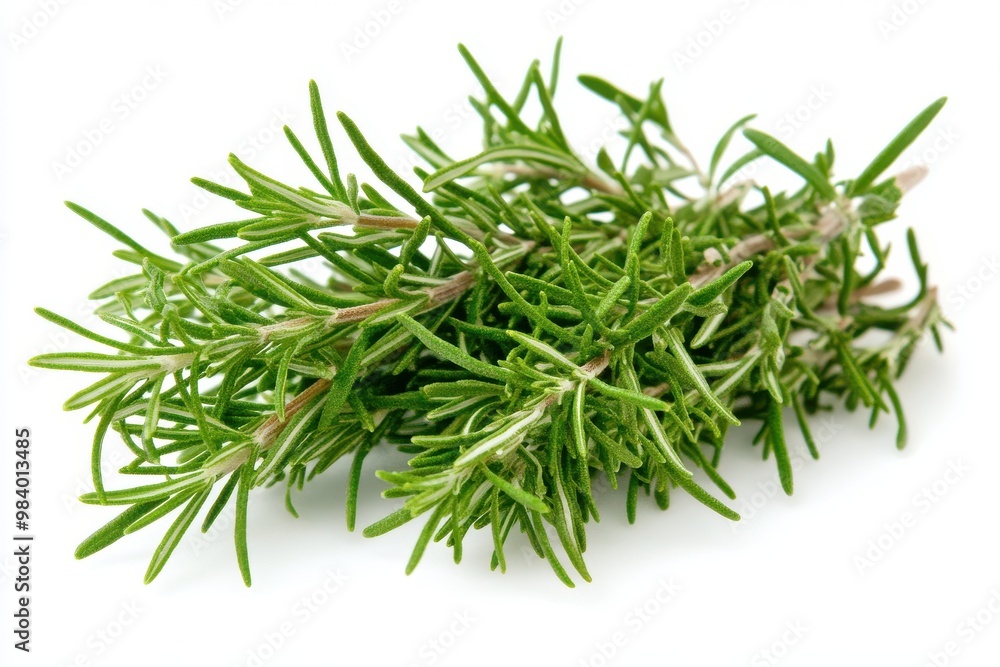 Create an image of a fresh sprig of rosemary with vibrant green needles. Create an image of a fresh sprig of rosemary with vibrant green needles.