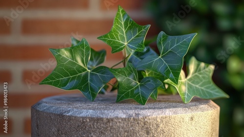 Ivy leaf elegance: A glossy ivy leaf positioned on a stone podium, with natural light capturing its rich green color and subtle veining, set against a blurred brick wall background. photo