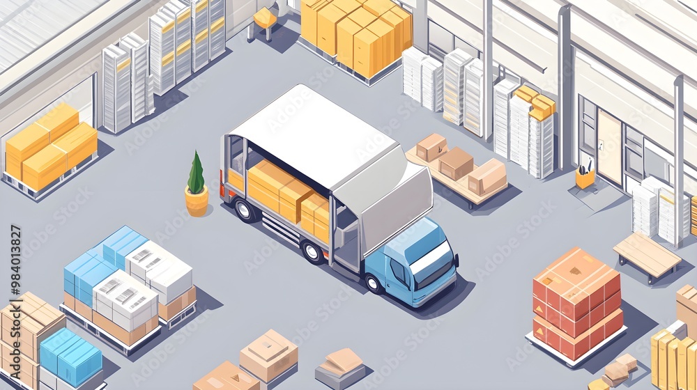 Warehouse Loading Dock with Truck and Cargo Boxes Warehouse Loading Dock with Truck and Cargo Boxes