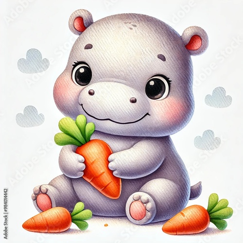 Cute hippo character with carrots, playful and cheerful design, white isolated background. photo