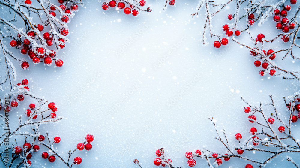 snowy winter red berries background - frosty branch with holly berries on white snow - christmas holiday card design with copy space snowy winter red berries background - frosty branch with holly berries on white snow - christmas holiday card design with copy space