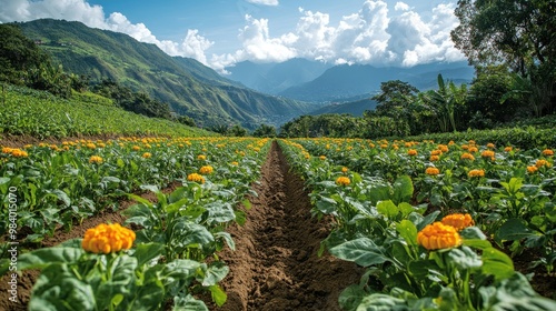 Field of Flowers with Mountain Backdrop