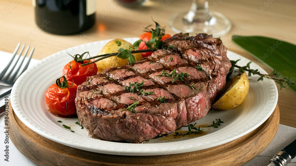 Juicy medium rare grilled ribeye steak with a perfect sear, served with roasted cherry tomatoes, golden potatoes, and fresh herbs on a plate, creating a delicious and rustic gourmet presentation. Juicy medium rare grilled ribeye steak with a perfect sear, served with roasted cherry tomatoes, golden potatoes, and fresh herbs on a plate, creating a delicious and rustic gourmet presentation.