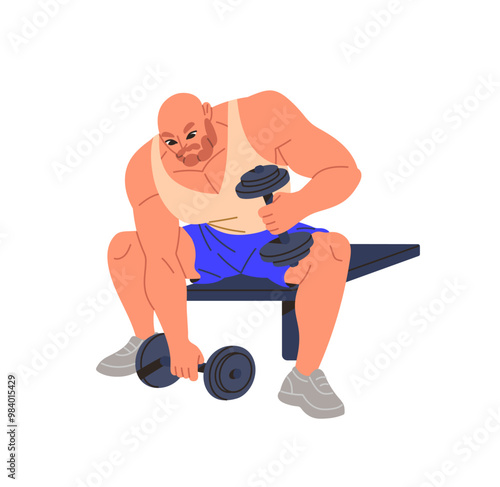 Bodybuilder does workout on bench, presses dumbbells. Muscular athlete training strength. Strong adult man goes weightlifting, professional sport. Flat isolated vector illustration on white background