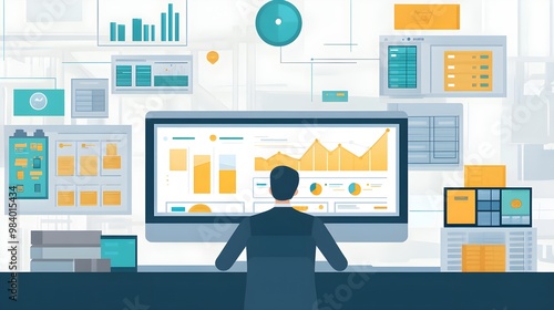 Businessman Analyzing Data On Computer Screen With Charts Graphs and Reports