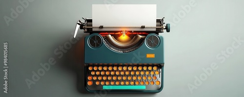 Vintage typewriter with glowing keys, producing a paper with bold, colorful announcement text, blending nostalgia and creativity