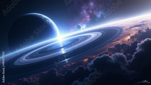 Wallpaper Mural Glowing planetary ring system with gas giants moons and nebula clouds in vibrant hues Torontodigital.ca