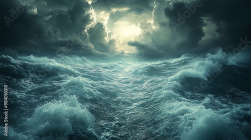 Dramatic Stormy Sea with Dark Clouds and Rays of Light